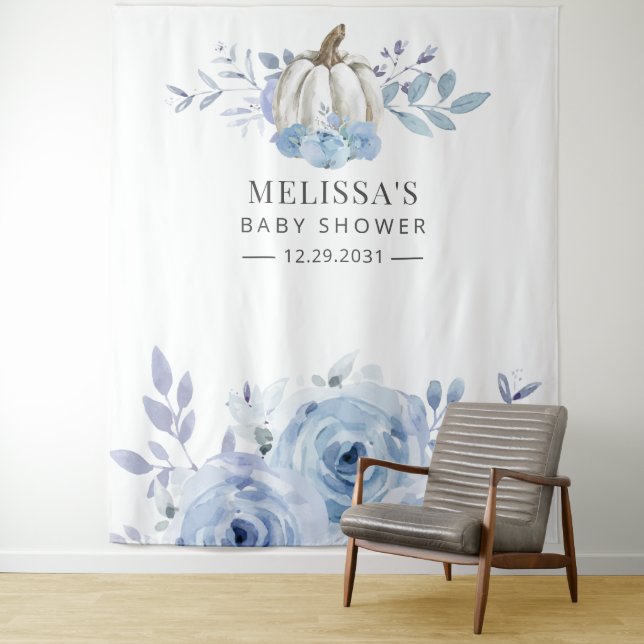 Pumpkin Floral Baby Shower Dusty Blue Tapestry (In Situ)