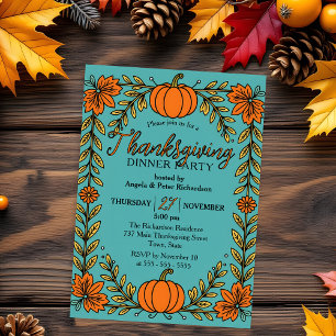 Pumpkin Floral Border on Turquoise Thanksgiving Invitation