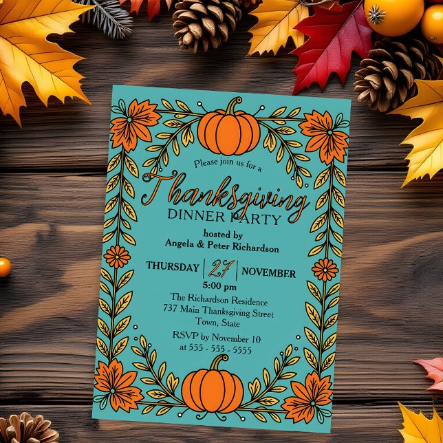 Pumpkin Floral Border on Turquoise Thanksgiving Invitation (Creator Uploaded)