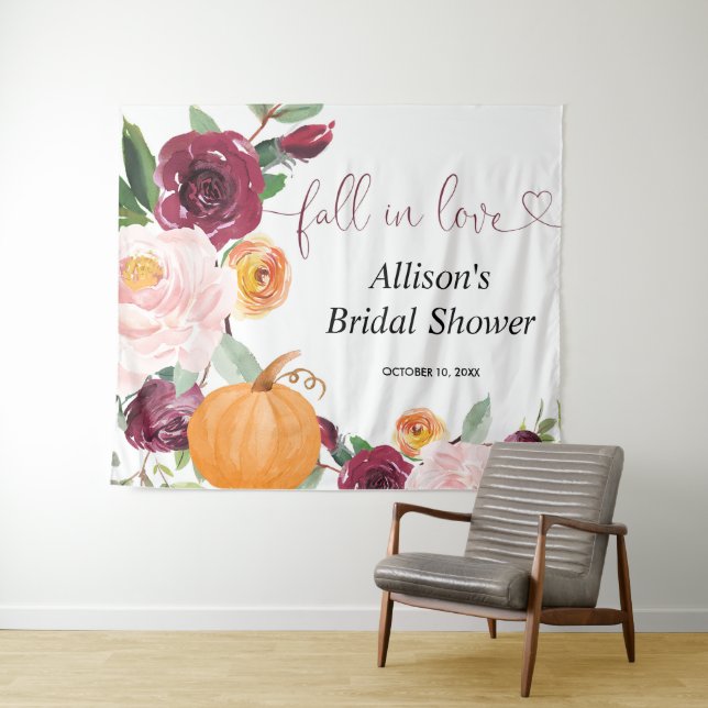 Pumpkin floral fall bridal shower backdrop sign tapestry (In Situ (Horizontal))