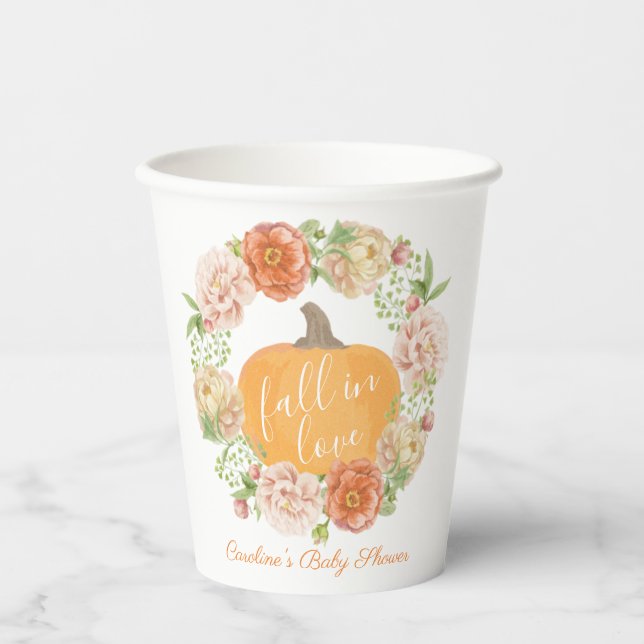 Pumpkin Floral Fall in Love Fall Bridal Shower Paper Cups (Front)