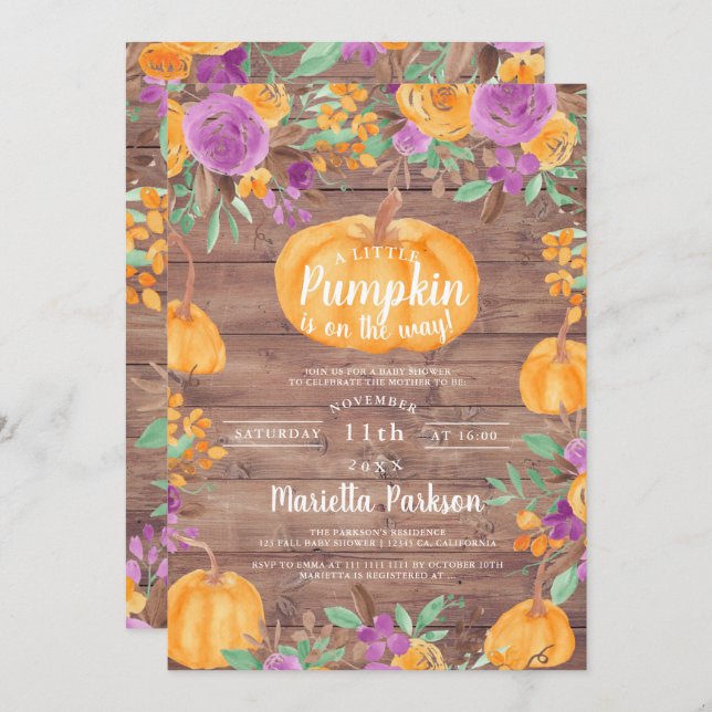 Pumpkin floral fall watercolor wood baby shower invitation (Front/Back)