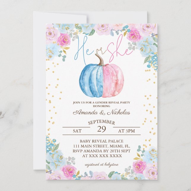Pumpkin Floral Gender Reveal  Invitation (Front)