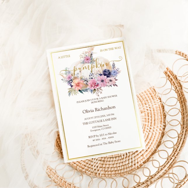 Pumpkin Floral Gold Foil Baby Girl Shower Invitation (Creator Uploaded)