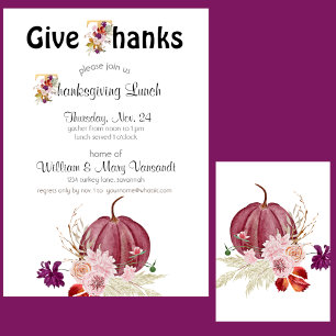 Pumpkin Floral Gold White Thanksgiving Invitation