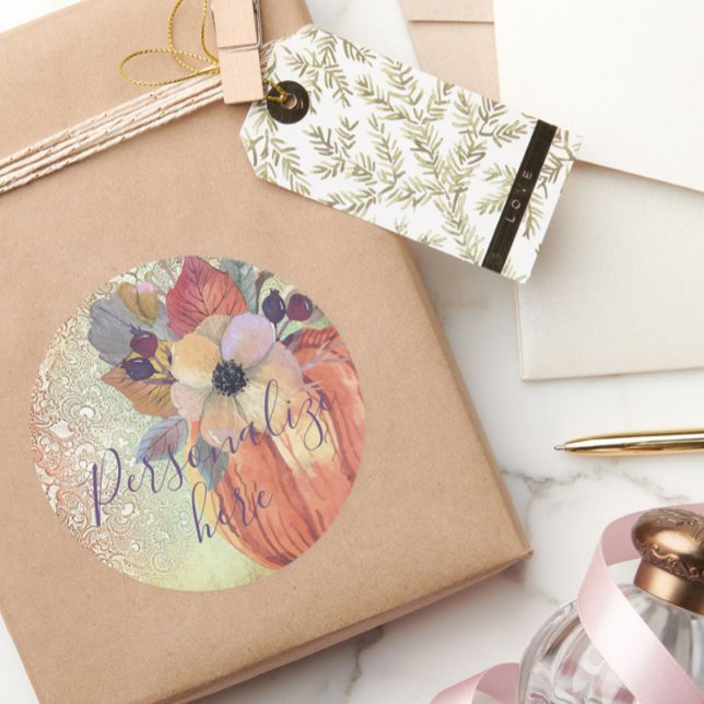 Pumpkin floral lace fall orange purple gold classic round sticker (Creator Uploaded)