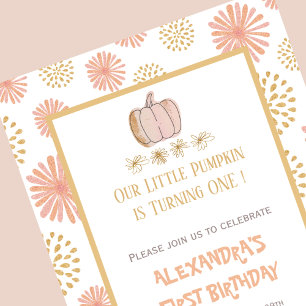 Pumpkin Floral Pink Gold Halloween 1st birthday Invitation