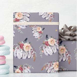 Pumpkin floral purple grey watercolor pattern fall wrapping paper