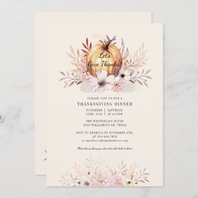 Pumpkin Floral Thanksgiving Family Invitation (Front/Back)