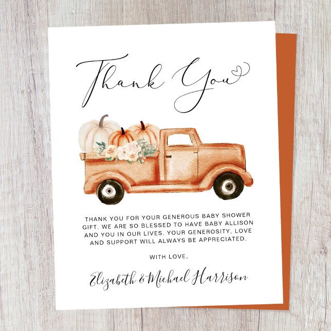 Pumpkin Floral Truck Baby Shower Thank You Card (Creator Uploaded)