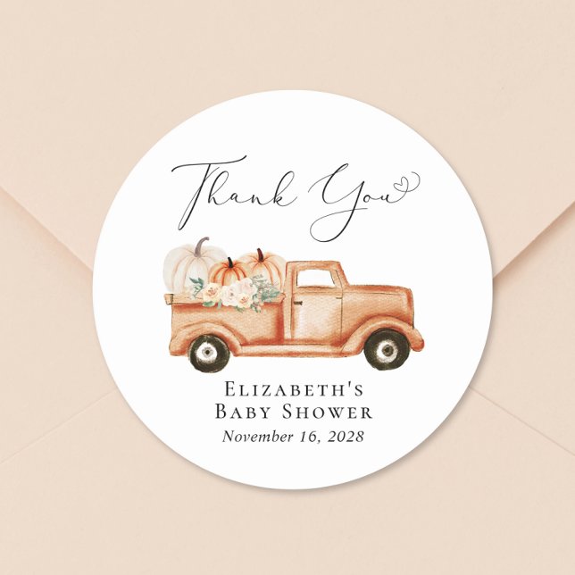 Pumpkin Floral Truck Baby Shower Thank You Classic Round Sticker (Creator Uploaded)
