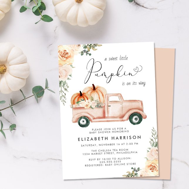 Pumpkin Floral Truck Watercolor Baby Shower Invitation (Celebrate the upcoming arrival of your sweet little autumn baby with a pumpkin-themed baby shower)