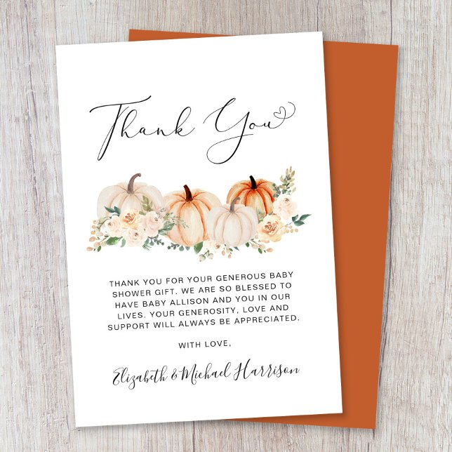 Pumpkin Floral Watercolor Baby Shower Thank You Card (Creator Uploaded)