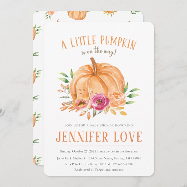 Pumpkin Floral Watercolor Fall Baby Shower Invitation (Front/Back)