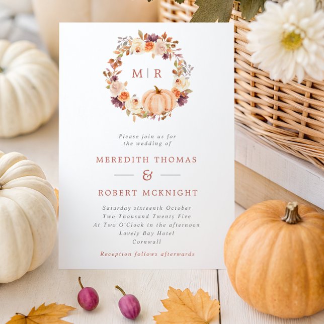 Pumpkin Floral Wreath Monogram Wedding Invitation (Creator Uploaded)
