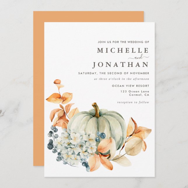 Pumpkin & Florals Wedding Invitation Fall Colours (Front/Back)