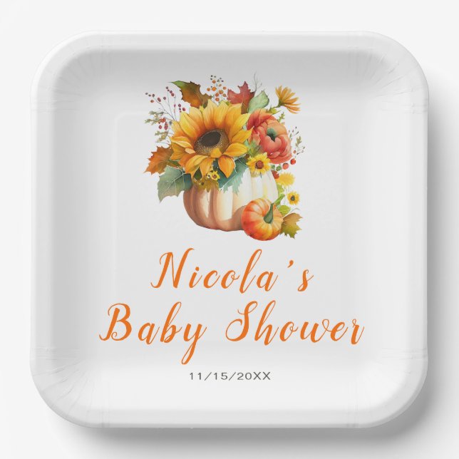 Pumpkin Flower Bouquet Baby Shower Paper Plate (Front)