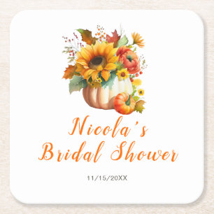 Pumpkin Flower Bouquet Bridal Shower Square Paper Coaster