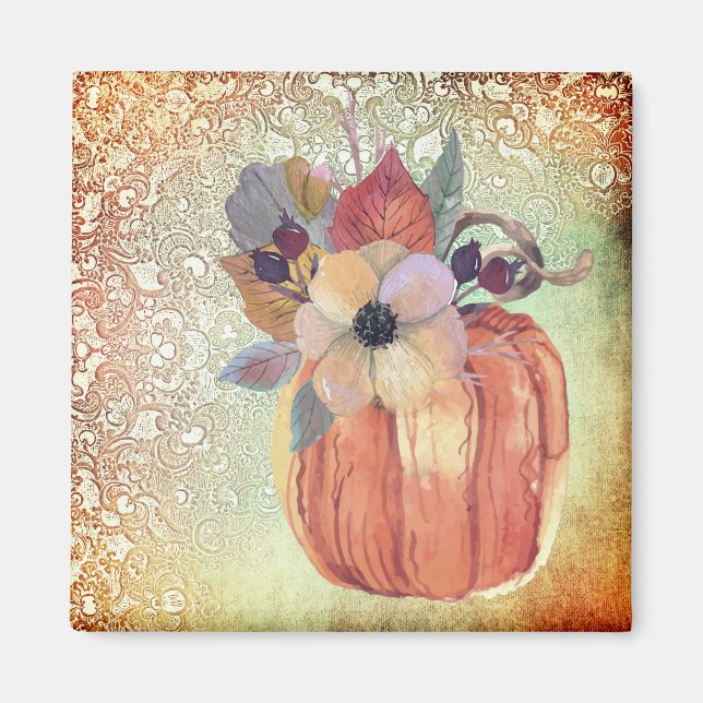 Pumpkin flowers and lace orange gold purple magnet (Front)