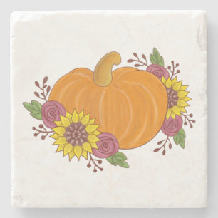 Pumpkin flowers autumn fall beautiful painted stone coaster