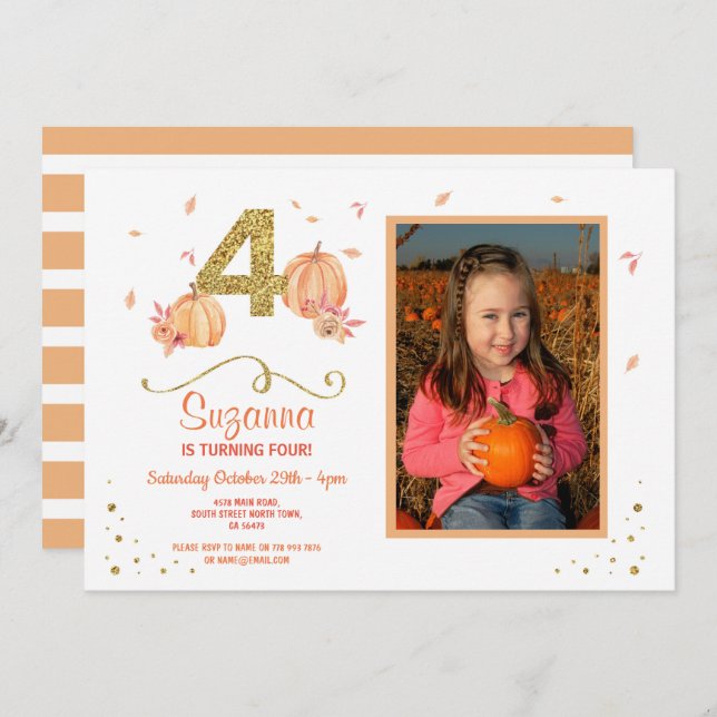 Pumpkin FOUR Birthday 4th Fall Party Photo Invite (Front/Back)