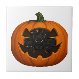 Pumpkin Full of Kittens - Cute Black Cat Halloween Ceramic Tile