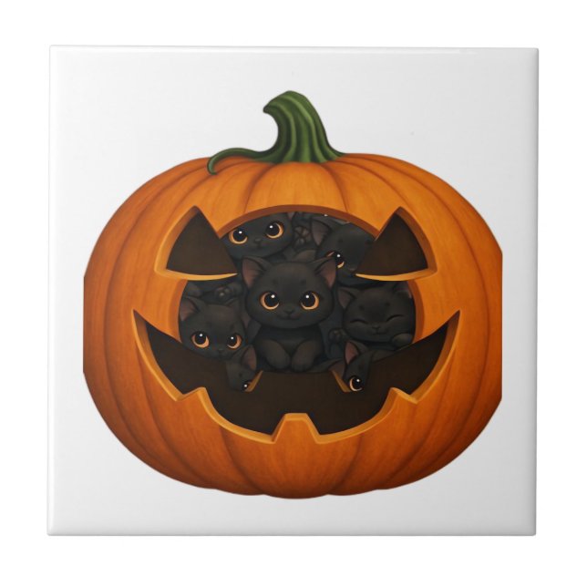 Pumpkin Full of Kittens - Cute Black Cat Halloween Ceramic Tile (Front)
