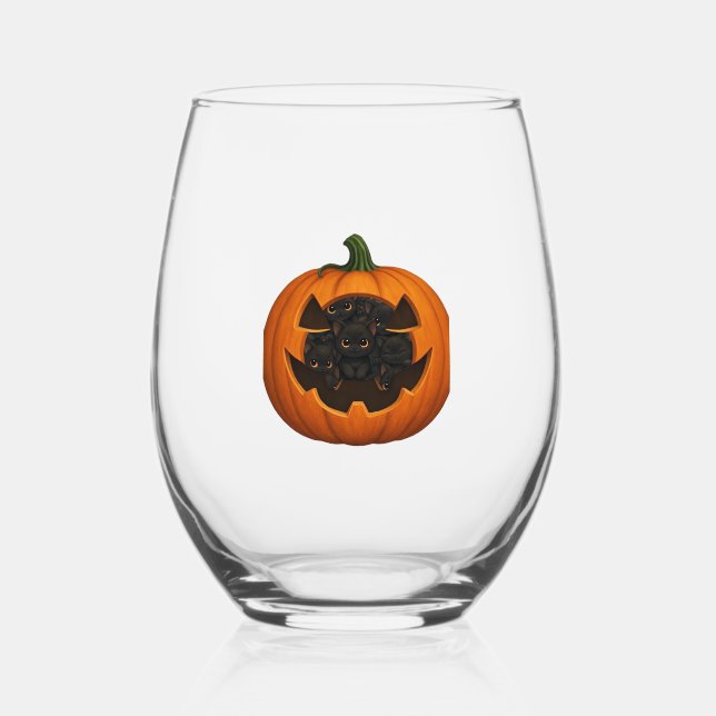 Pumpkin Full of Kittens - Cute Black Cat Halloween Stemless Wine Glass (Front)