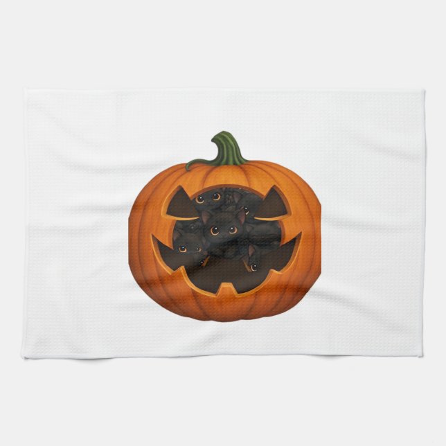 Pumpkin Full of Kittens - Cute Black Cat Halloween Tea Towel (Horizontal)