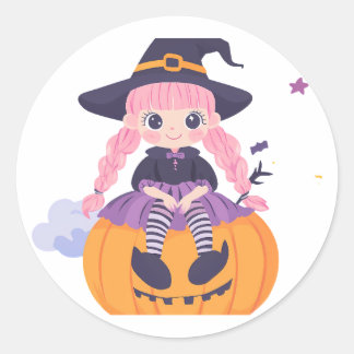"Pumpkin Fun: Cute Cartoon Girl Sticker" Classic Round Sticker