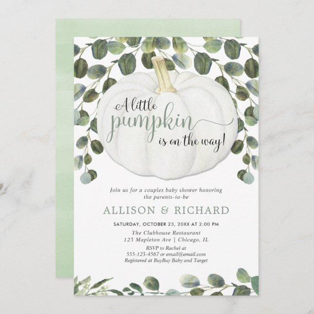 Pumpkin gender neutral co-ed couples baby shower invitation (Front/Back)