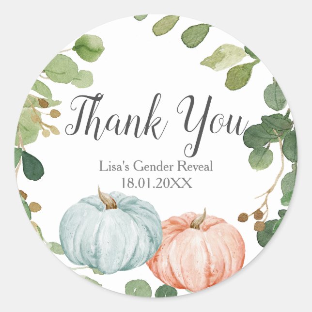 Pumpkin Gender Reveal Greenery Thank You Sticker (Front)