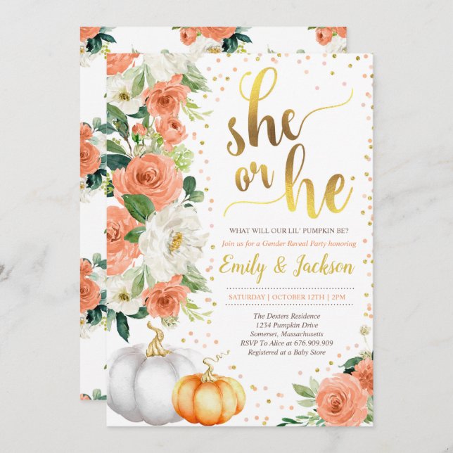 Pumpkin Gender Reveal Invitation Fall Baby Reveal (Front/Back)