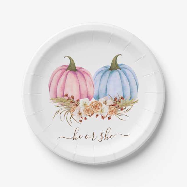 Pumpkin Gender Reveal Invitation, Fall Gender  Paper Plate (Front)