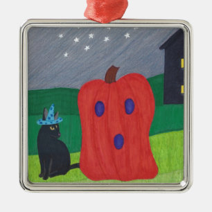 Pumpkin Ghost and Wizard Cat Halloween Ornaments