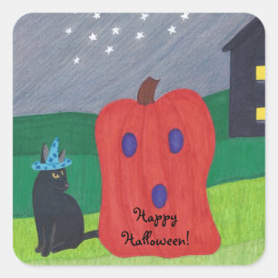 Pumpkin Ghost and Wizard Cat Halloween Stickers