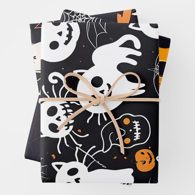 Pumpkin Ghost Black Cat Halloween Wrapping Paper (In situ)