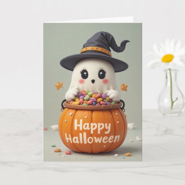 Pumpkin Ghost Halloween Sweet Ghostly Greetings Card (Small Plant)