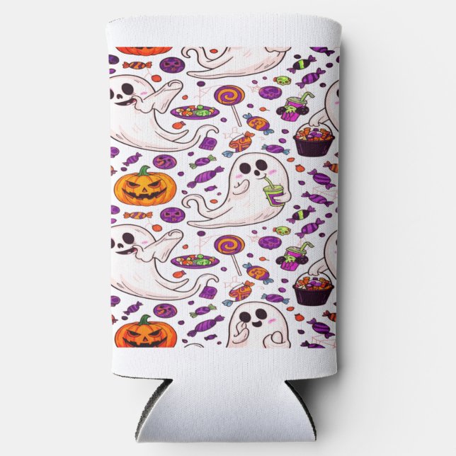 Pumpkin Ghost Pattern Cute Halloween Seltzer Can Cooler (Front)