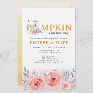 Pumpkin Girl Baby Shower Watercolor Floral Stationery