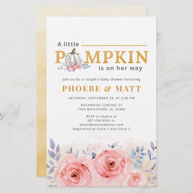 Pumpkin Girl Baby Shower Watercolor Floral Stationery (Front/Back)