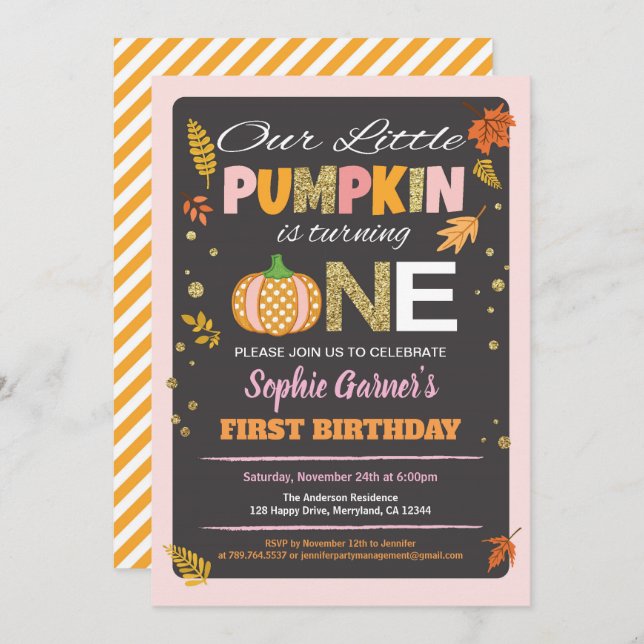 Pumpkin girl first birthday party chalkboard invitation (Front/Back)