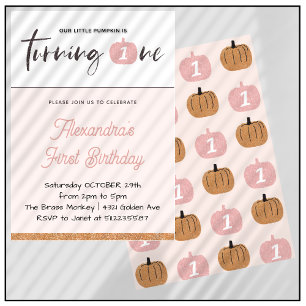 Pumpkin Girl Pink Glitter Halloween 1st birthday Invitation