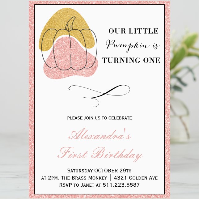 Pumpkin Girl Pink Gold Halloween 1st birthday Invitation (Halloween-1st-birthday-Invitation-Pumpkin-Girl-Pink-Gold-1)