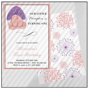 Pumpkin Girl Pink Purple Halloween 1st Birthday Invitation