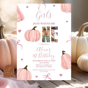 Pumpkin Girls Just Wanna Be One Photo Birthday Invitation
