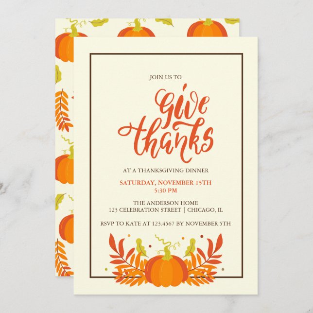 Pumpkin Give Thanks Thanksgiving Dinner Party Invitation (Front/Back)