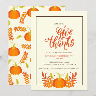 Pumpkin Give Thanks Thanksgiving Dinner Party Invitation