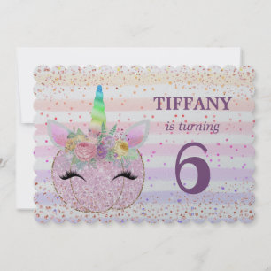 Pumpkin Glitter Unicorn Girls 6th Birthday Party Invitation