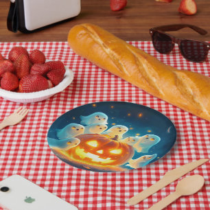 Pumpkin Glow Ghost Party Watercolor Paper Plate